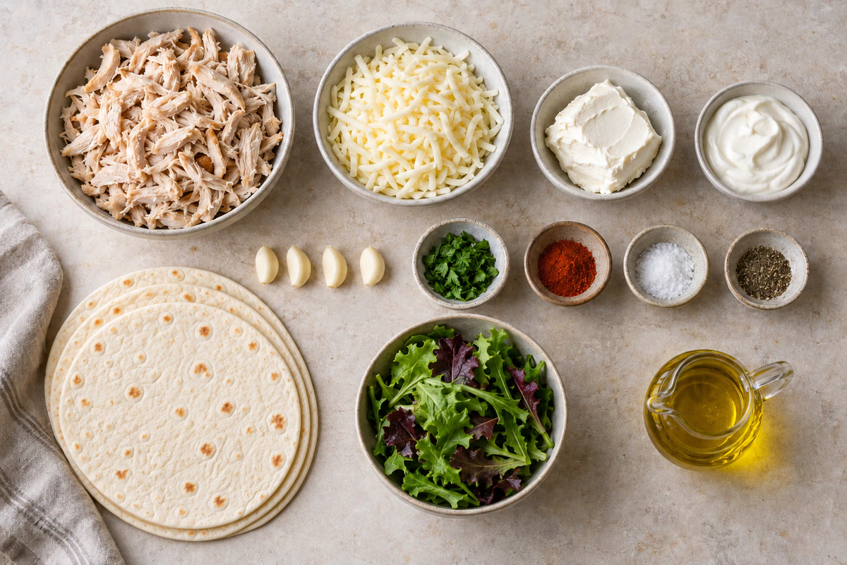 Exact measured ingredients for Cheesy Garlic Chicken Wraps Recipe Quick and Tasty Meal