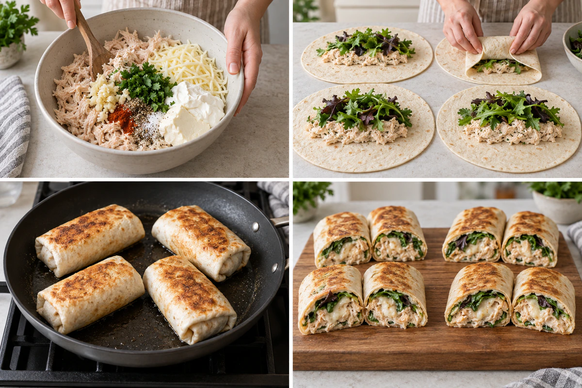 Four chronological preparation stages for Cheesy Garlic Chicken Wraps Recipe Quick and Tasty Meal