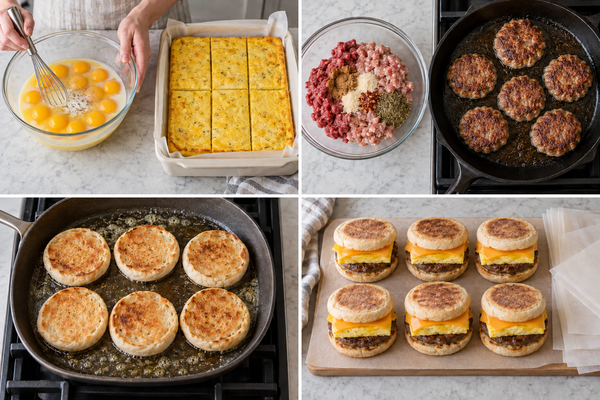 Four chronological preparation stages for Freezer Breakfast Sandwich