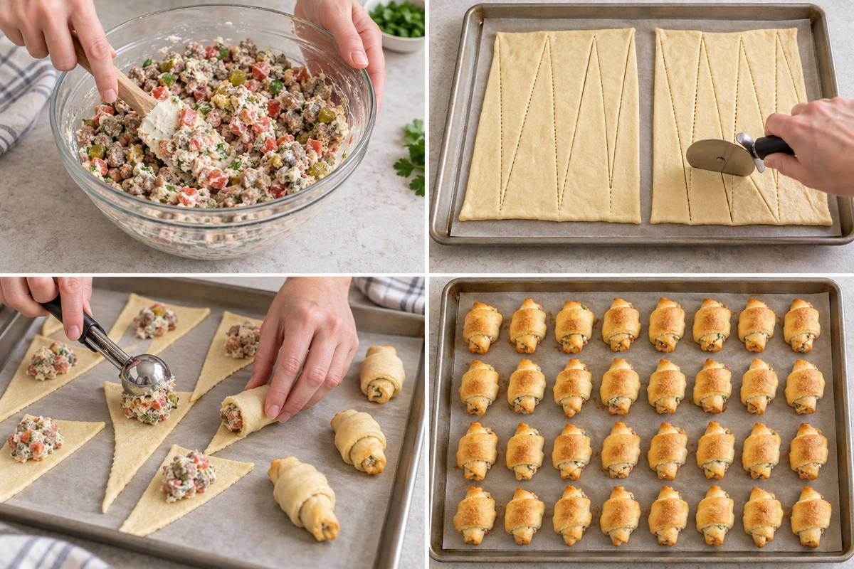 Four chronological preparation stages for Sausage, Rotel & Cream Cheese Crescent Rolls