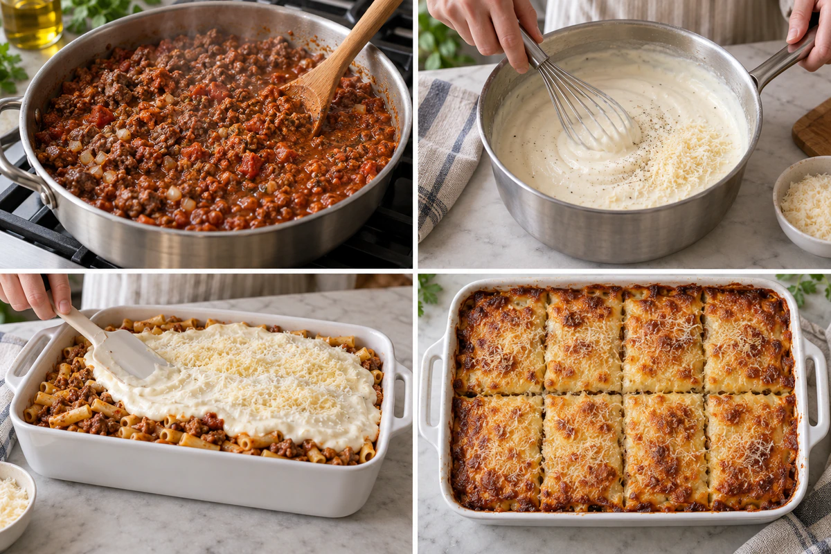 Four chronological preparation stages for Ina Garten's Pastitsio