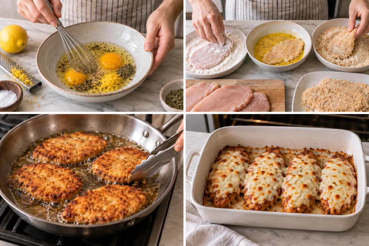 Four chronological preparation stages for Lemon Chicken Romano