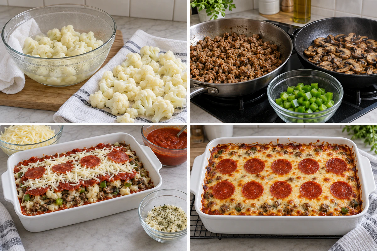Four chronological preparation stages for Low Carb Pizza Casserole