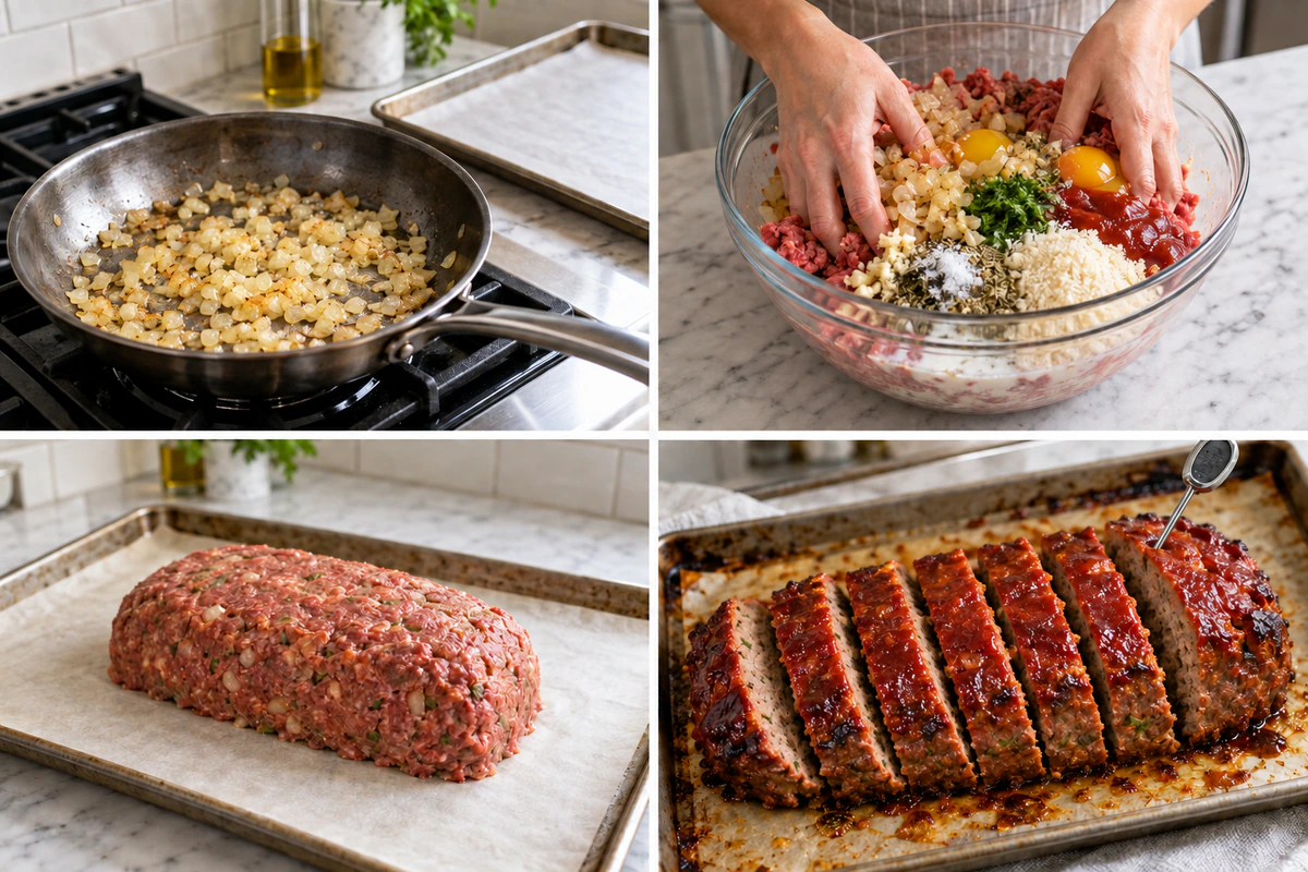 Four chronological preparation stages for Meatloaf Recipe