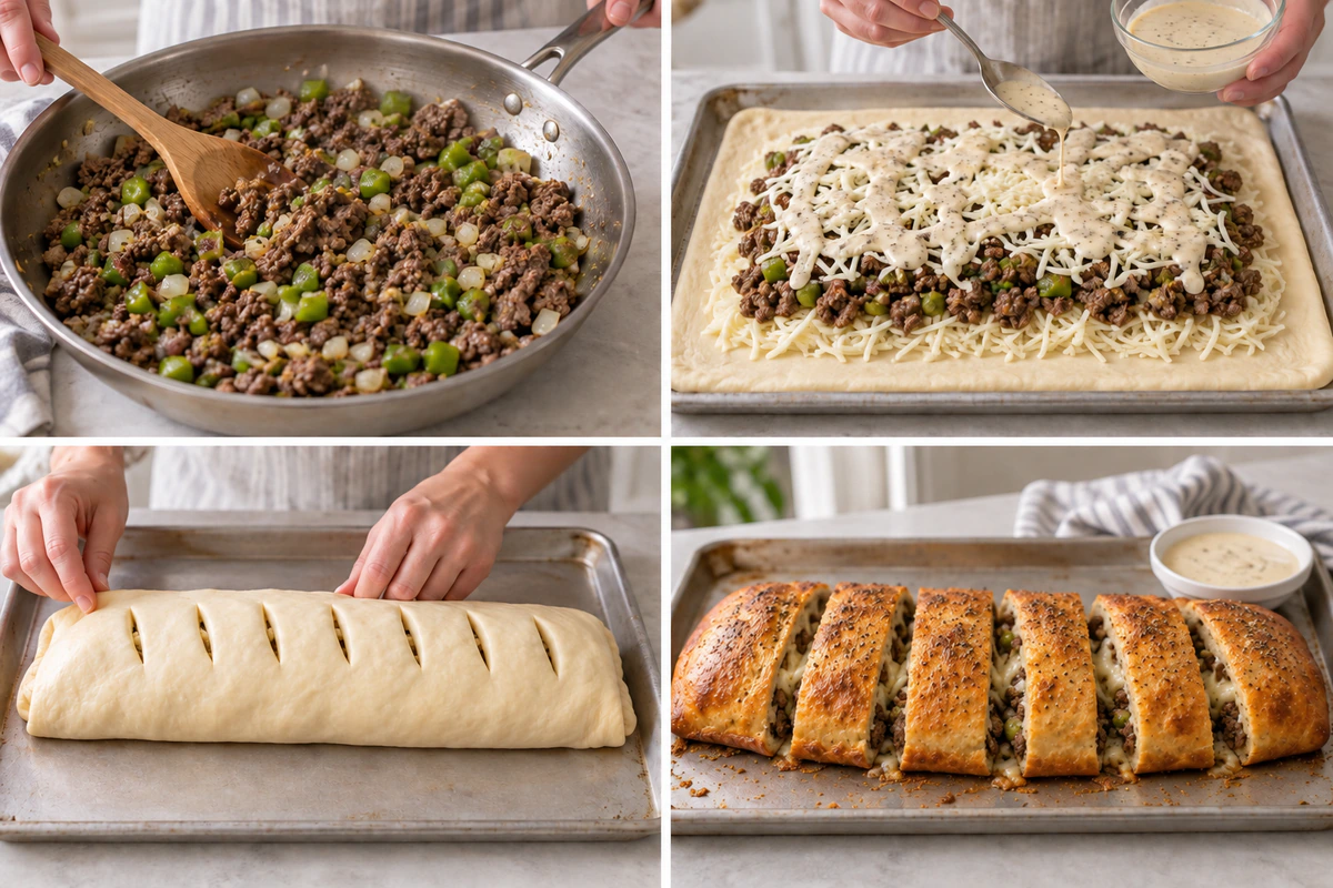 Four chronological preparation stages for Philly Cheesesteak Stromboli