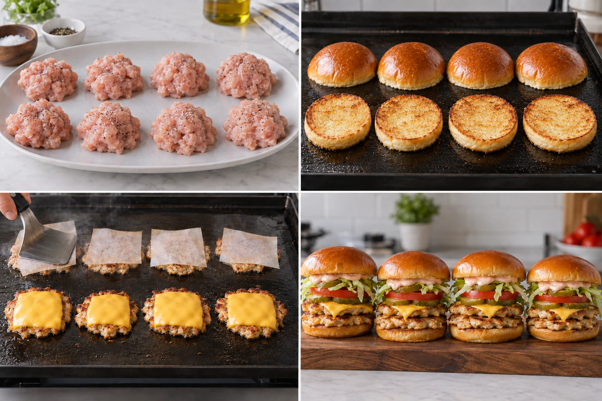 Four chronological preparation stages for Ground Chicken Smash Burgers