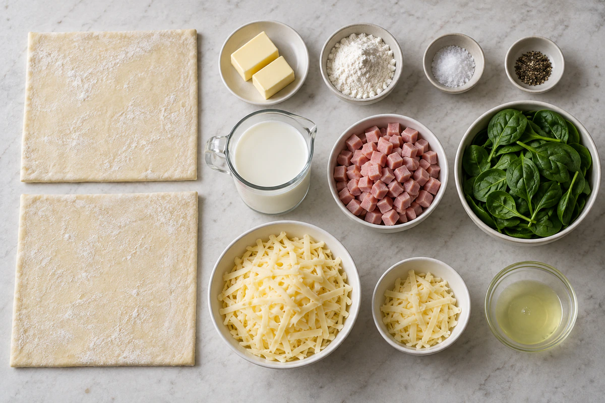 Exact measured ingredients for Ham and Cheese Pastry Delight