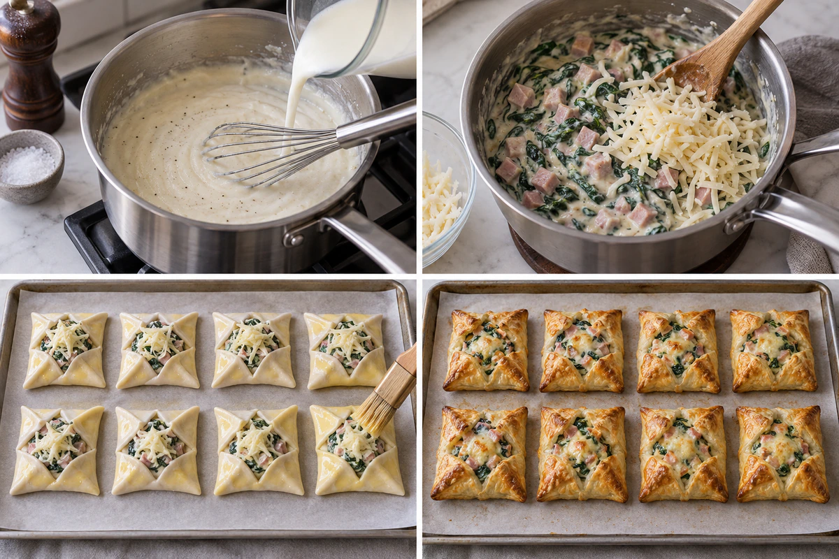 Four chronological preparation stages for Ham and Cheese Pastry Delight