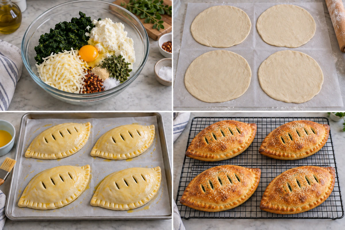 Four chronological preparation stages for Ricotta Spinach Calzones