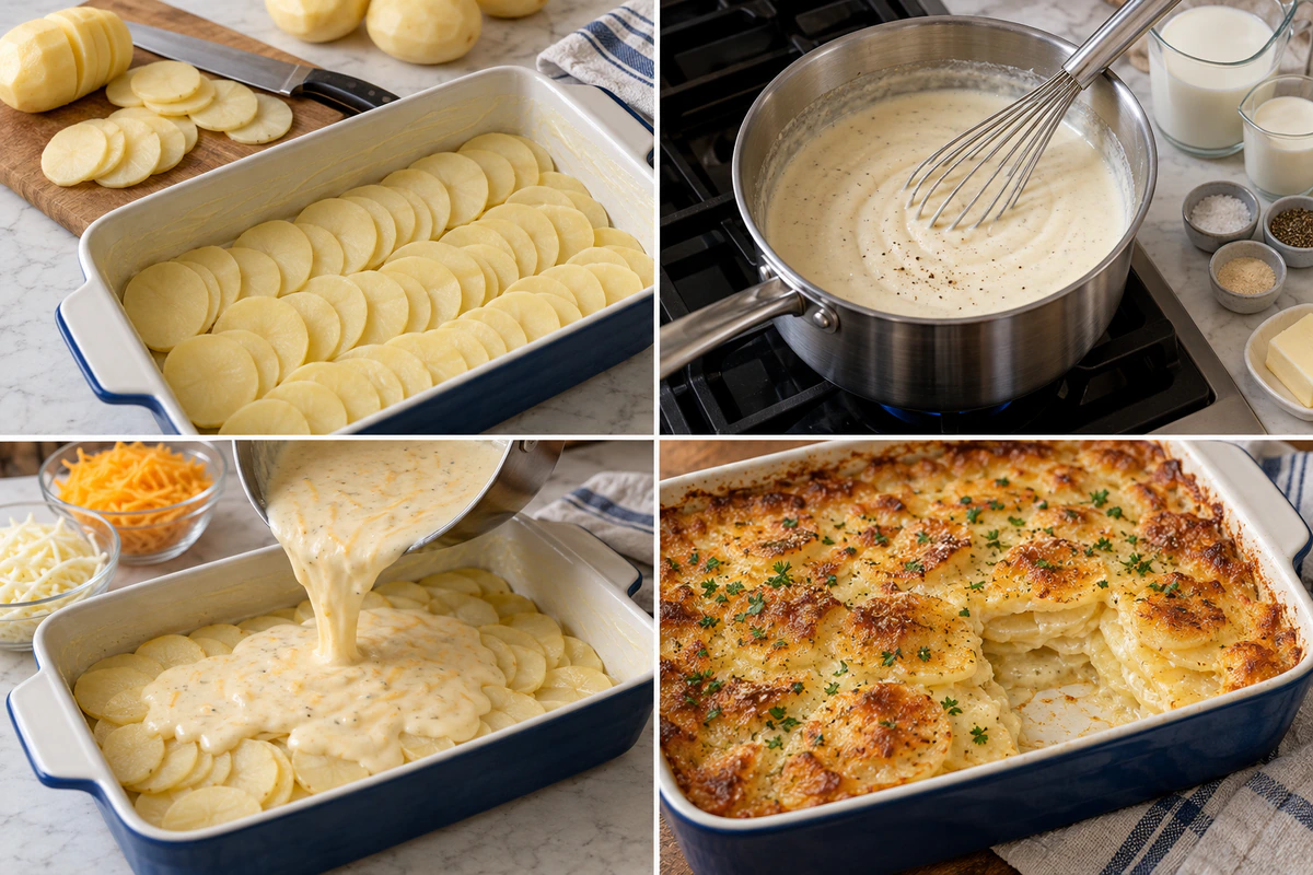 Four chronological preparation stages for Cheesy Scalloped Potatoes