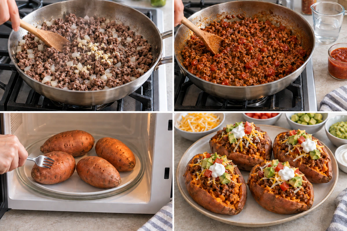 Four chronological preparation stages for Taco Stuffed Sweet Potatoes