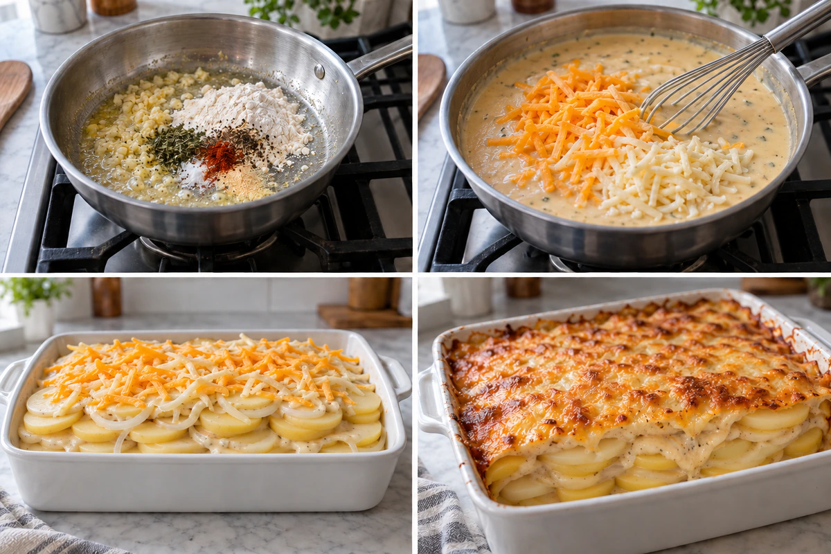 Four chronological preparation stages for Cheesy Scalloped Potatoes