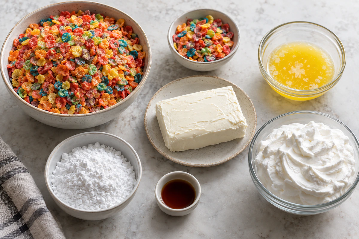 Exact measured ingredients for Fruity Pebbles Cheesecake Tacos