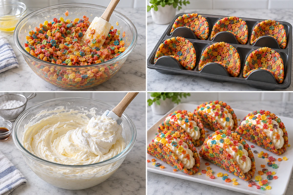 Four chronological preparation stages for Fruity Pebbles Cheesecake Tacos