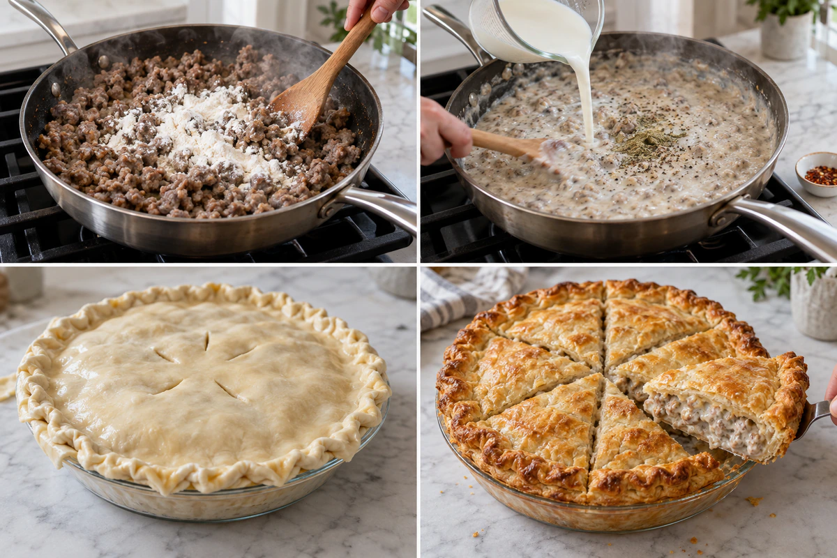 Four chronological preparation stages for Sausage Gravy Puff Pie