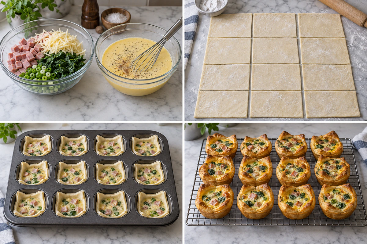 Four chronological preparation stages for Savory Puff Pastry Bites