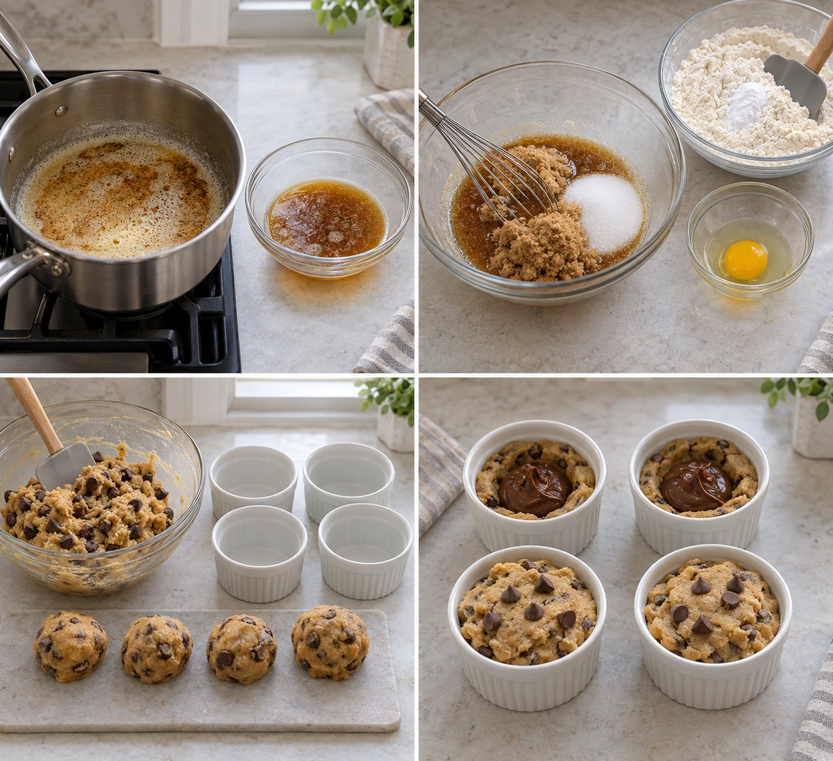 Four chronological preparation stages for Deep Dish Nutella Cookie Pie