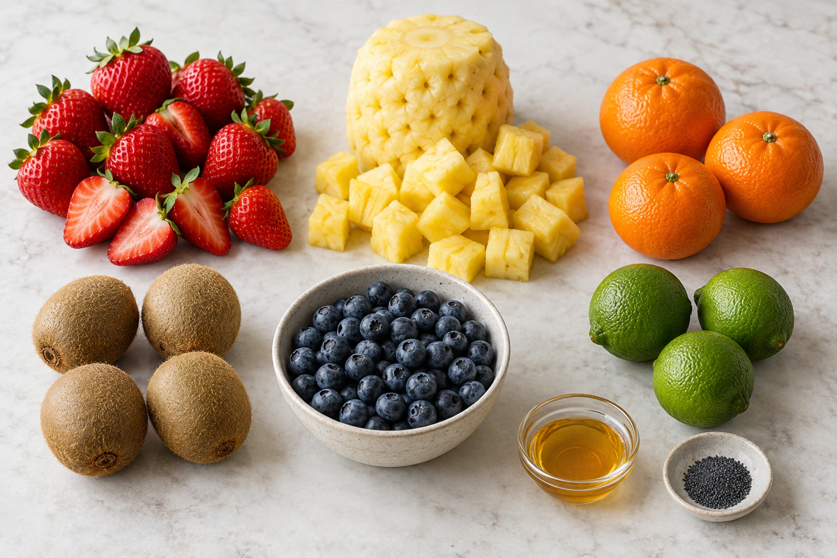 Exact measured ingredients for Fruit Salad with Honey-Lime Poppy Seed Dressing