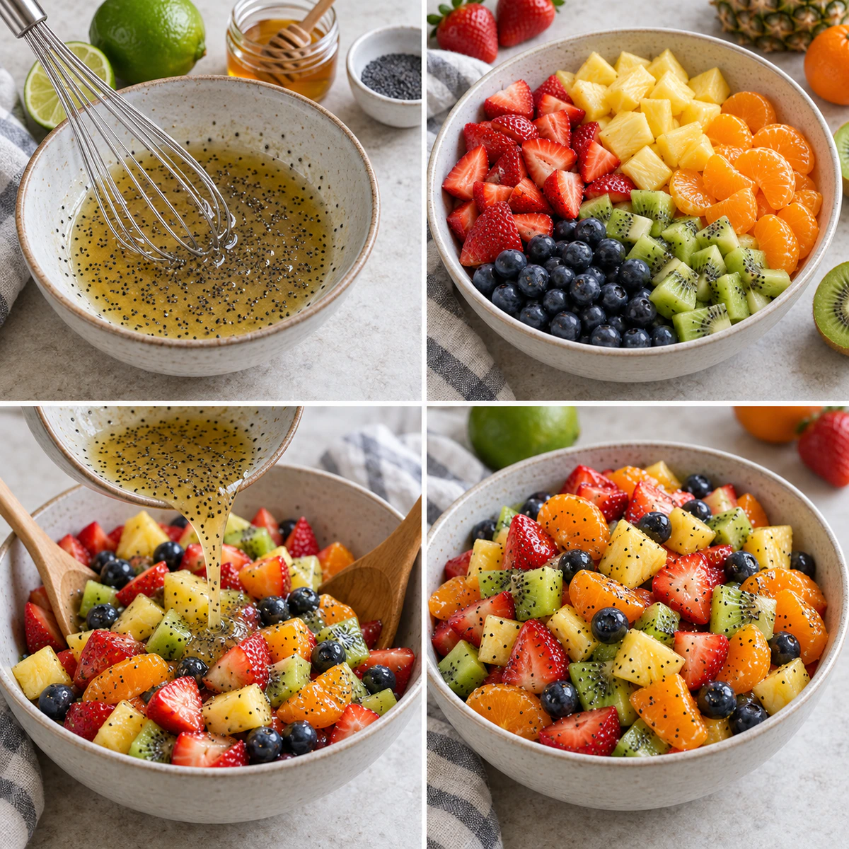 Four chronological preparation stages for Fruit Salad with Honey-Lime Poppy Seed Dressing