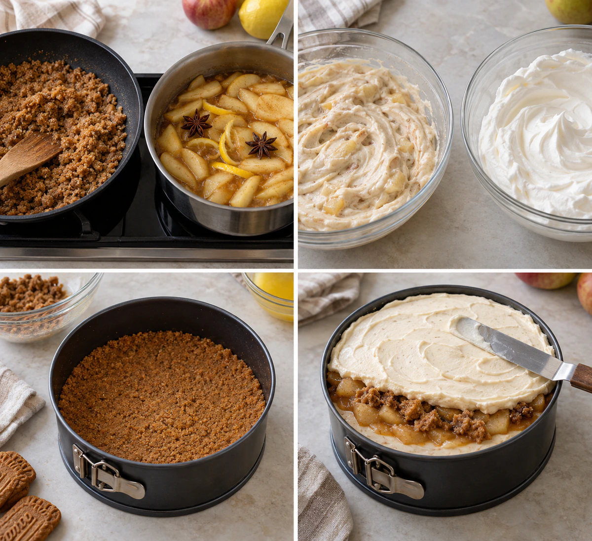 Four chronological preparation stages for No bake Apple pie cheesecake