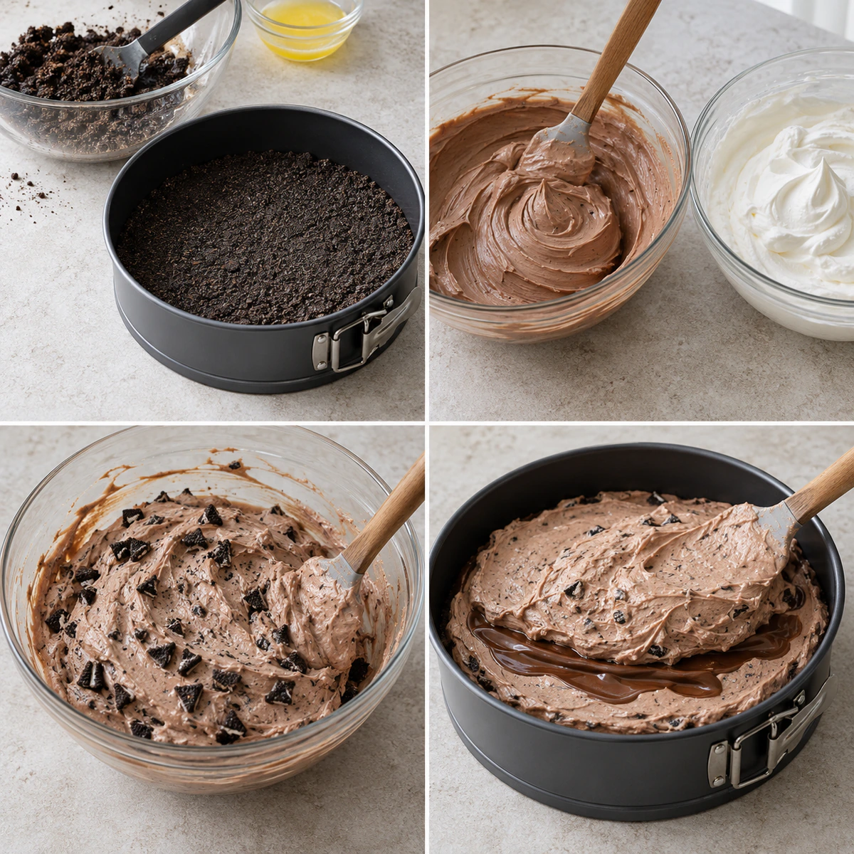 Four chronological preparation stages for No Bake Oreo Nutella Cheesecake
