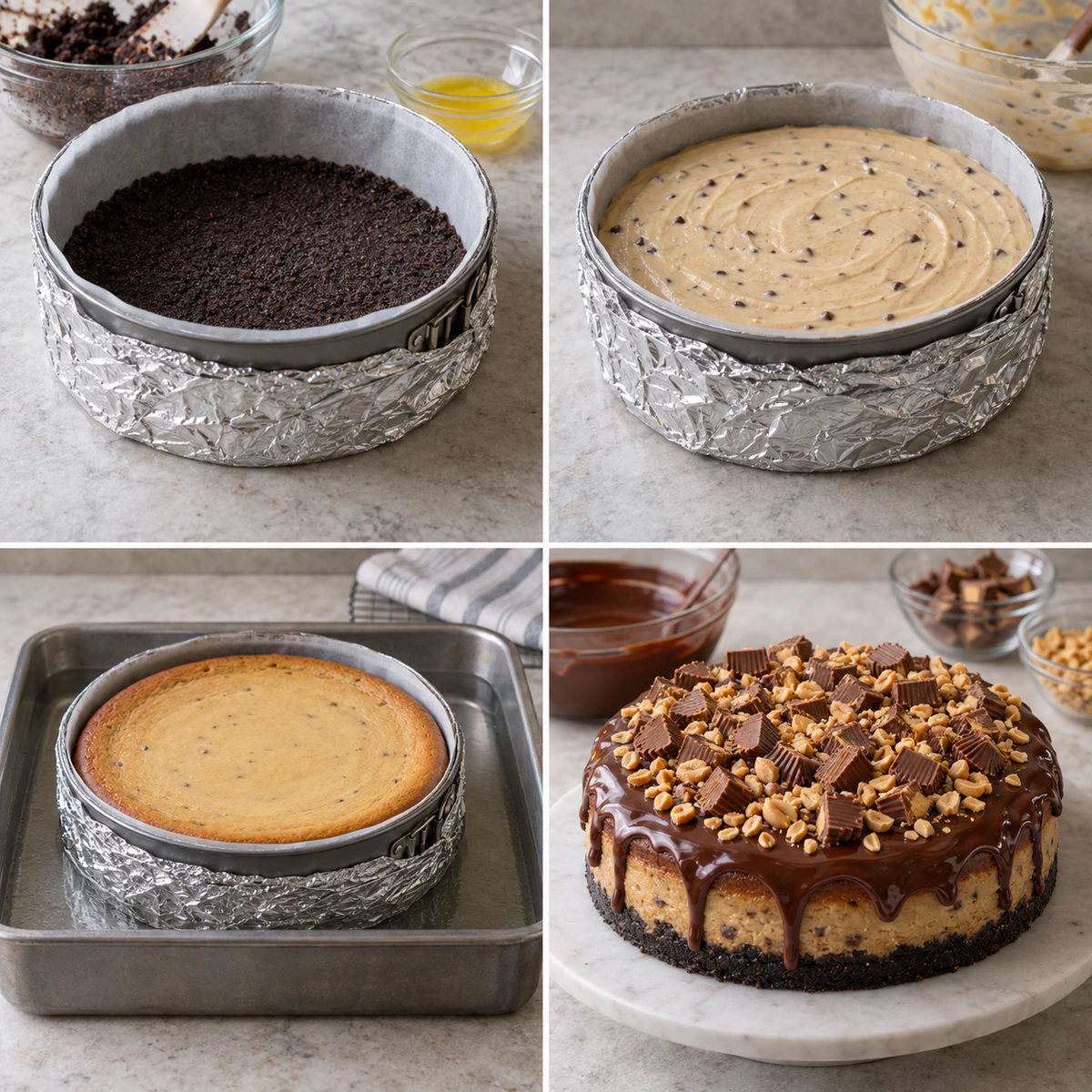 Four chronological preparation stages for Rich Chocolate Peanut Butter Cake