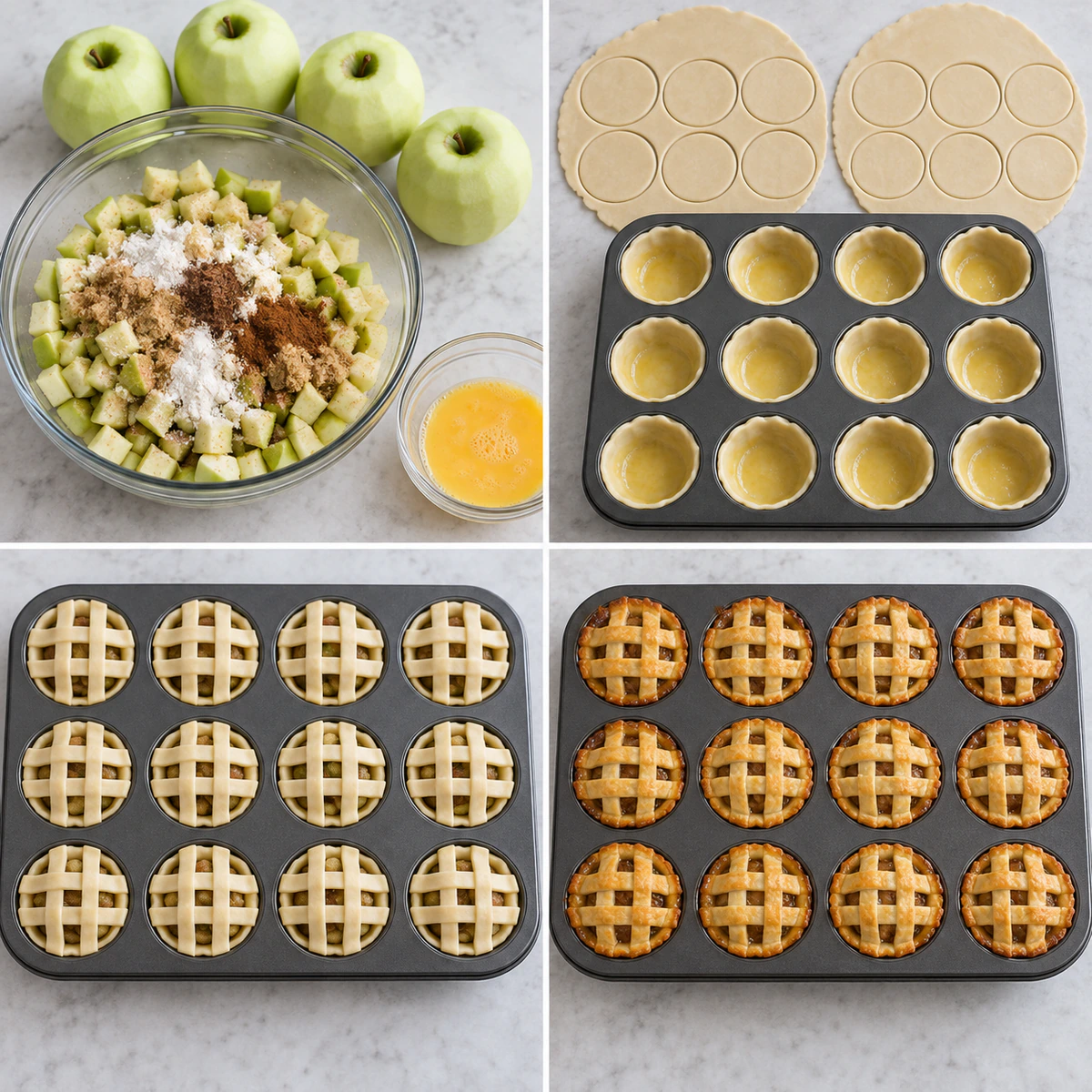 Four chronological preparation stages for Mini Apple Pies