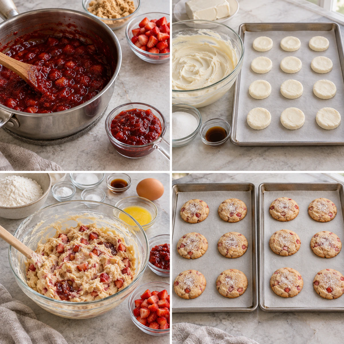 Four chronological preparation stages for Strawberry Cheesecake Cookie