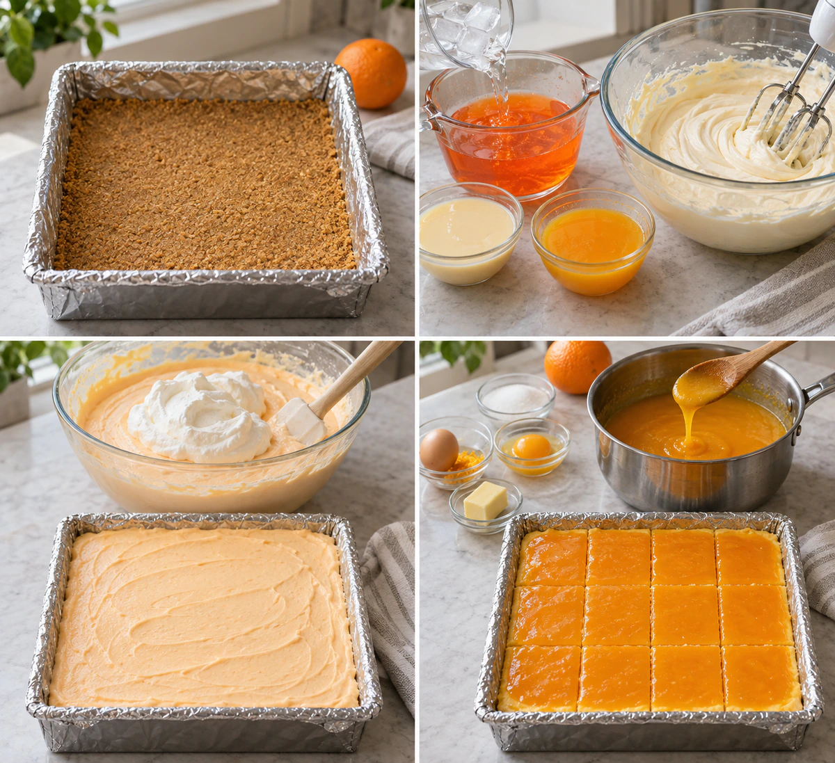 Four chronological preparation stages for Orange Creamsicle Cheesecake Bars