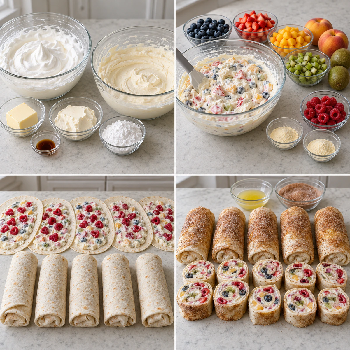 Four chronological preparation stages for Cheesecake Fruit Salad Roll Ups