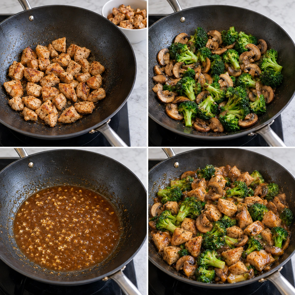 Four chronological preparation stages for Chicken Veggie Stir Fry