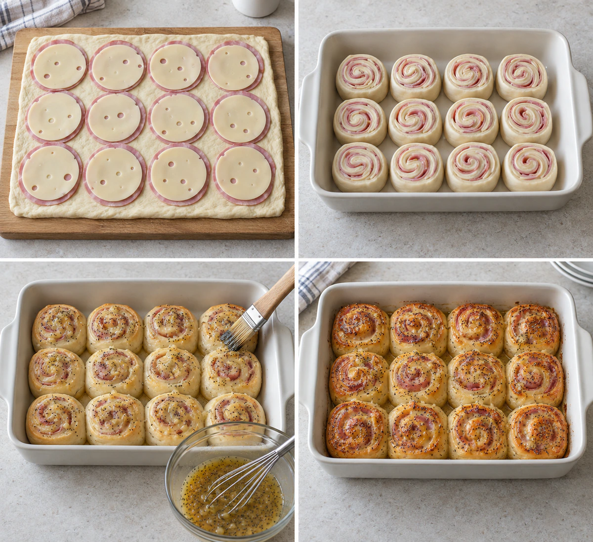 Four chronological preparation stages for Ham and Cheese Pinwheels