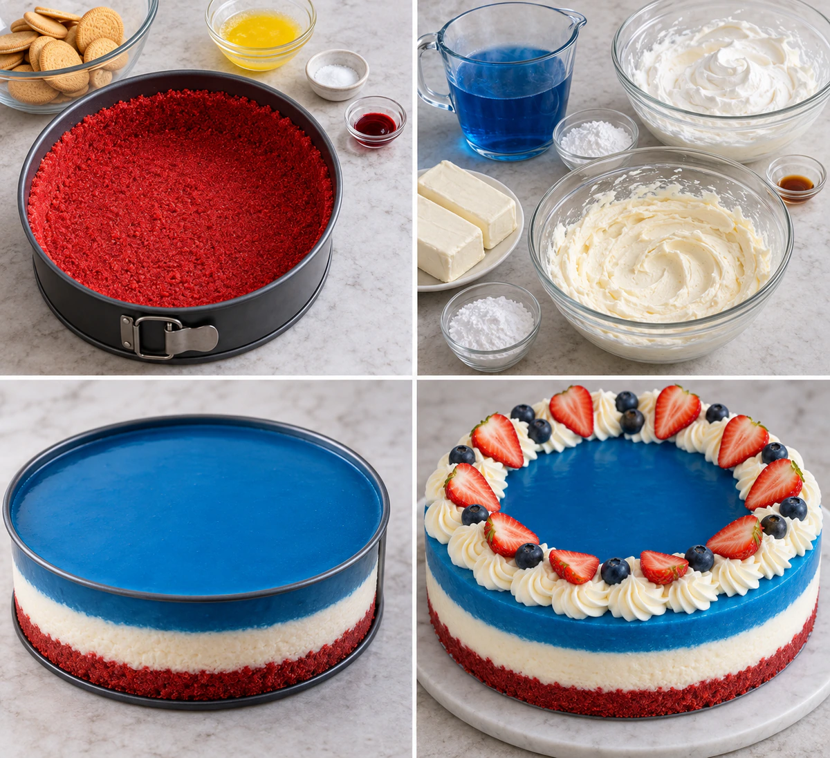 Four chronological preparation stages for No Bake Patriotic Cheesecake