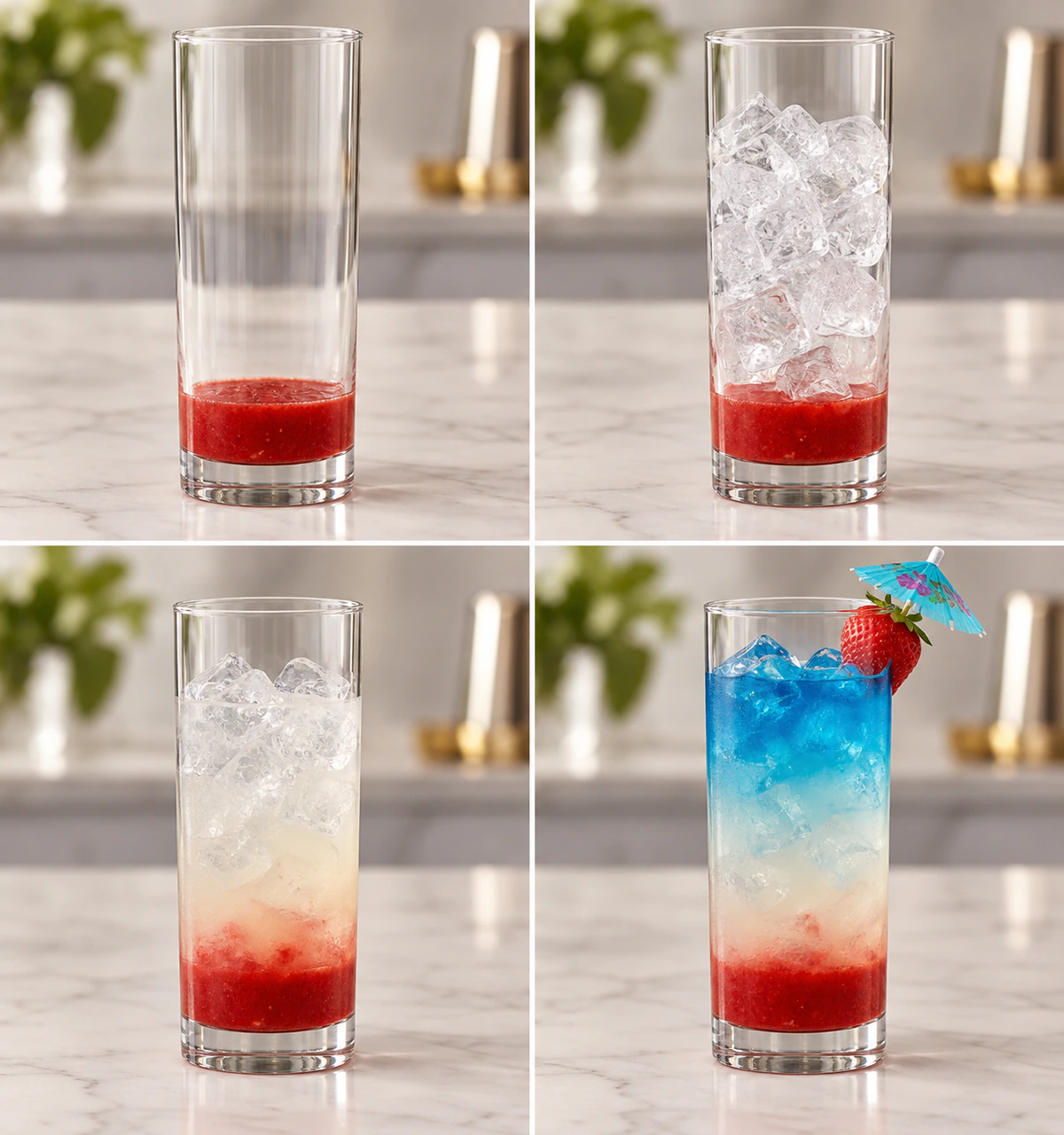 Four chronological preparation stages for Patron Strawberry Blue Hawaiian