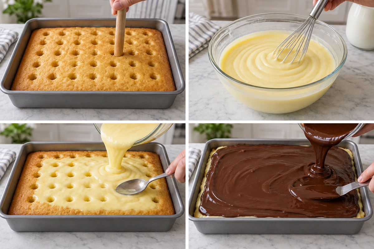 Four chronological preparation stages for Boston Cream Poke Cake