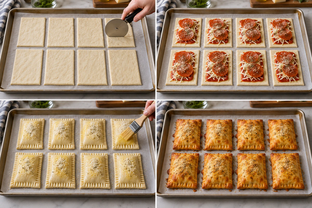 Four chronological preparation stages for Cheesy Pizza Pockets