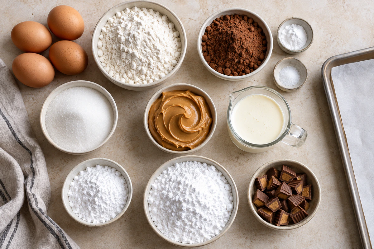 Exact measured ingredients for Peanut Butter Cup Chocolate Roll Cake