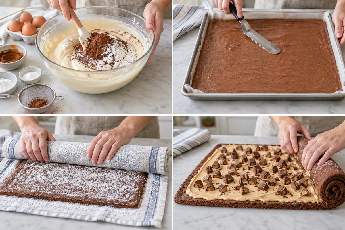 Four chronological preparation stages for Peanut Butter Cup Chocolate Roll Cake