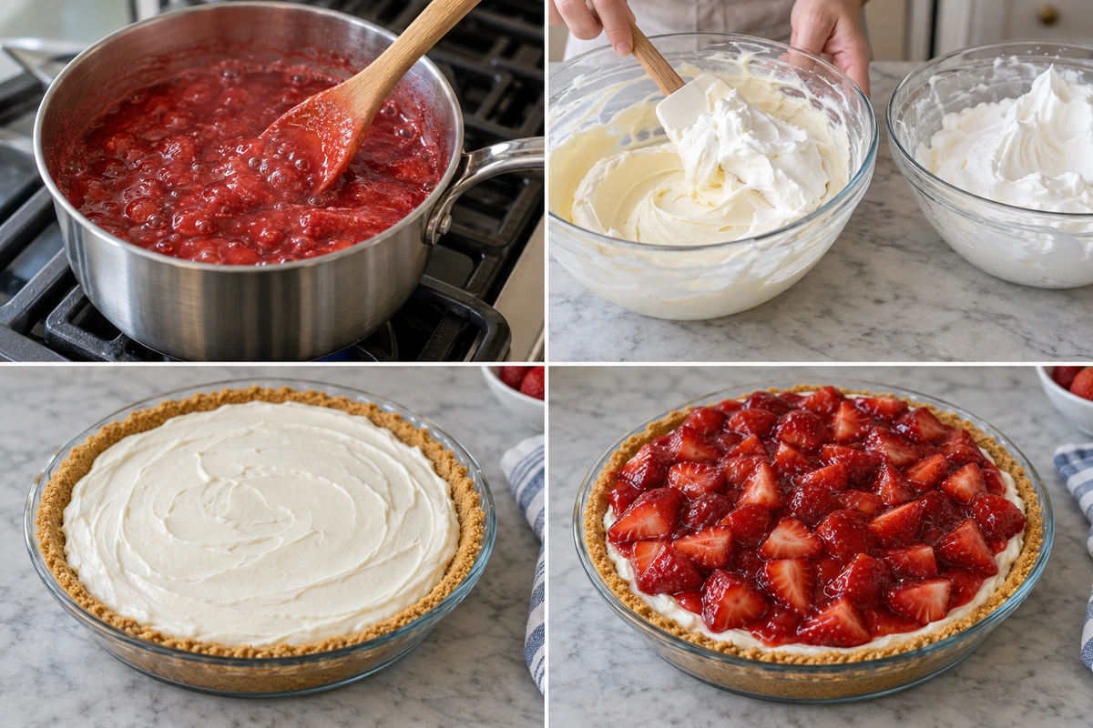 Four chronological preparation stages for Strawberry Cream Cheese Pie