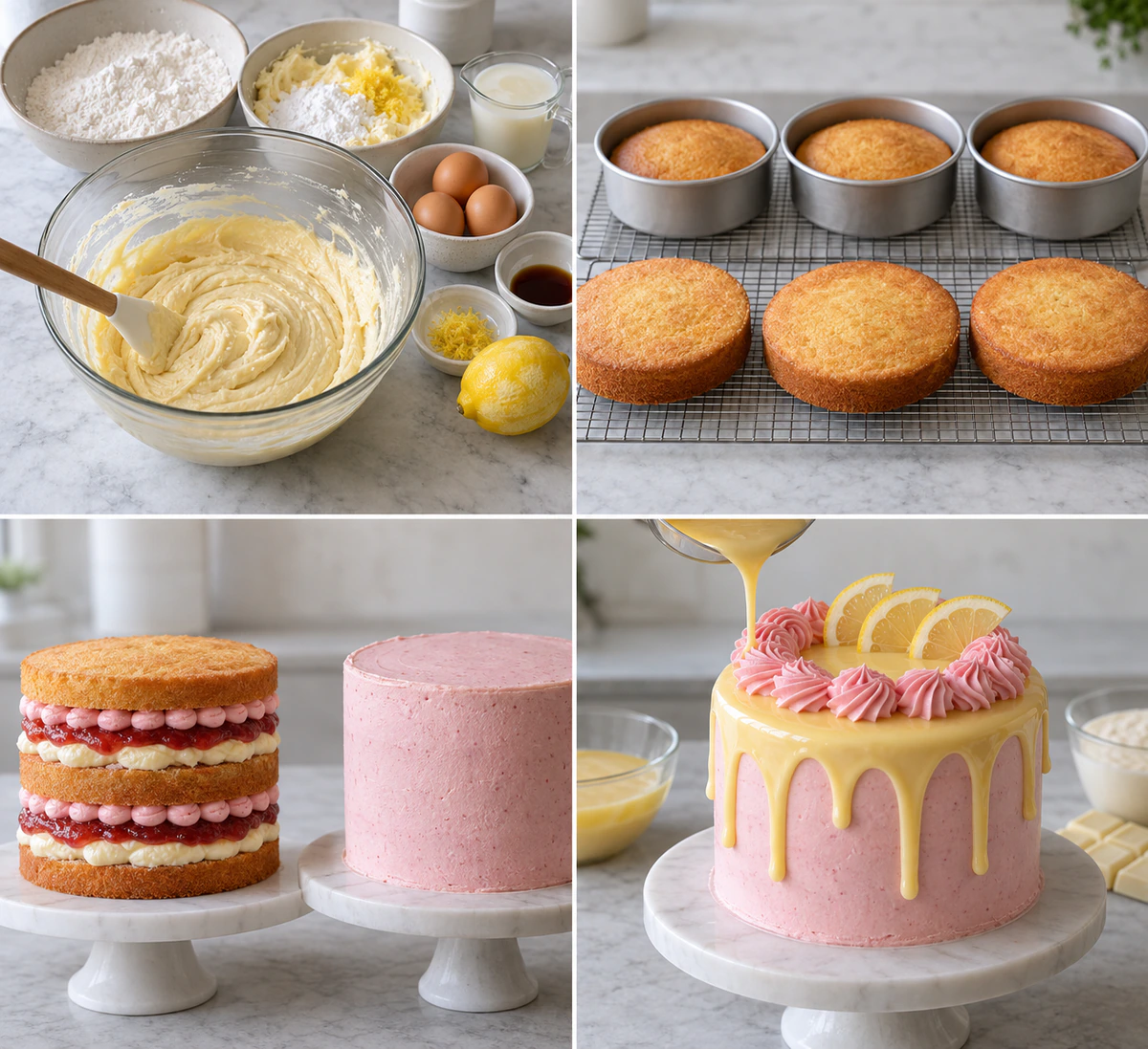 Four chronological preparation stages for Strawberry Lemonade Cake