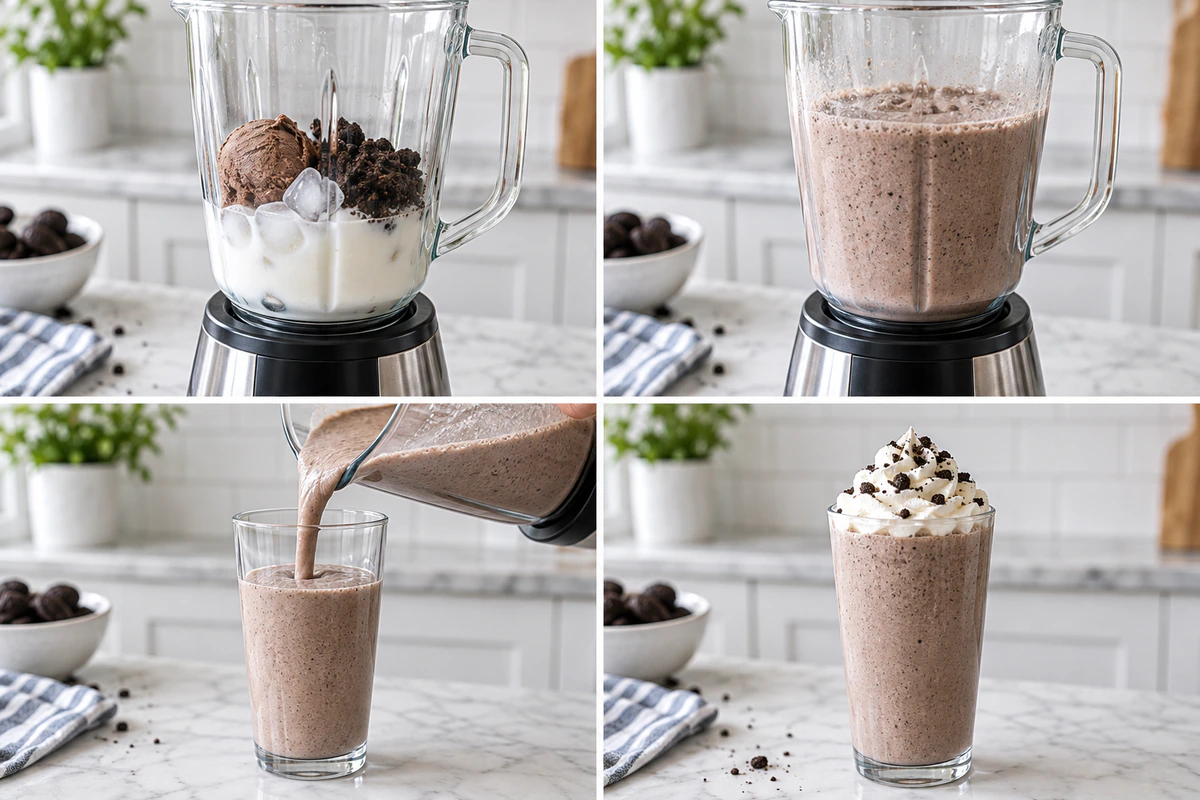 Four chronological preparation stages for Cool Cookies and Cream Drink