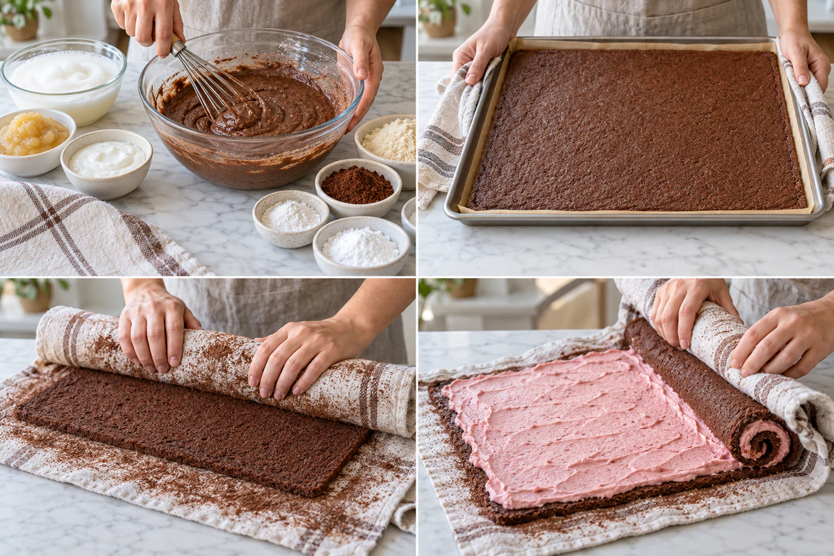 Four chronological preparation stages for Easy Chocolate Swiss Roll