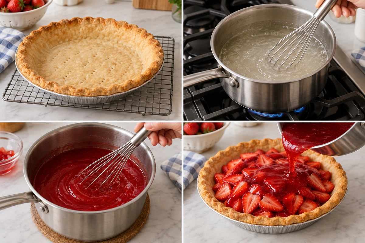 Four chronological preparation stages for Fresh Strawberry Pie