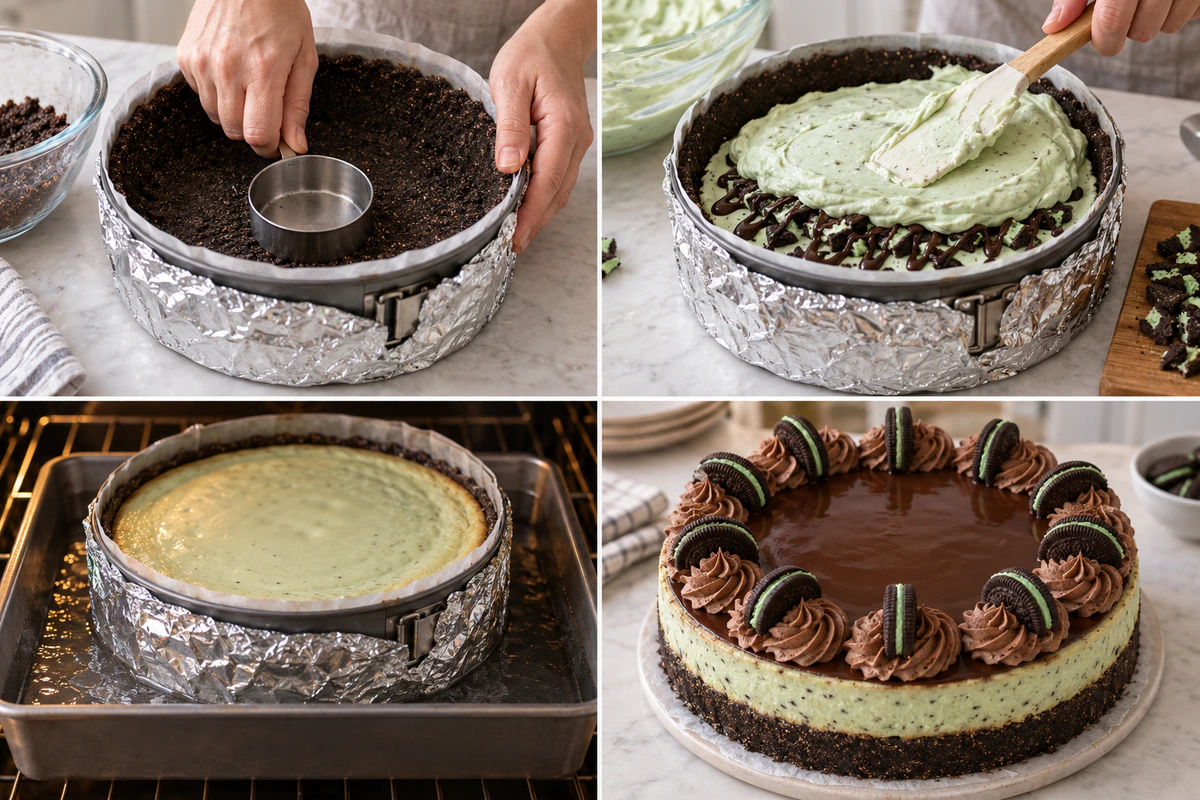 Four chronological preparation stages for Mint Oreo Cheesecake Bliss