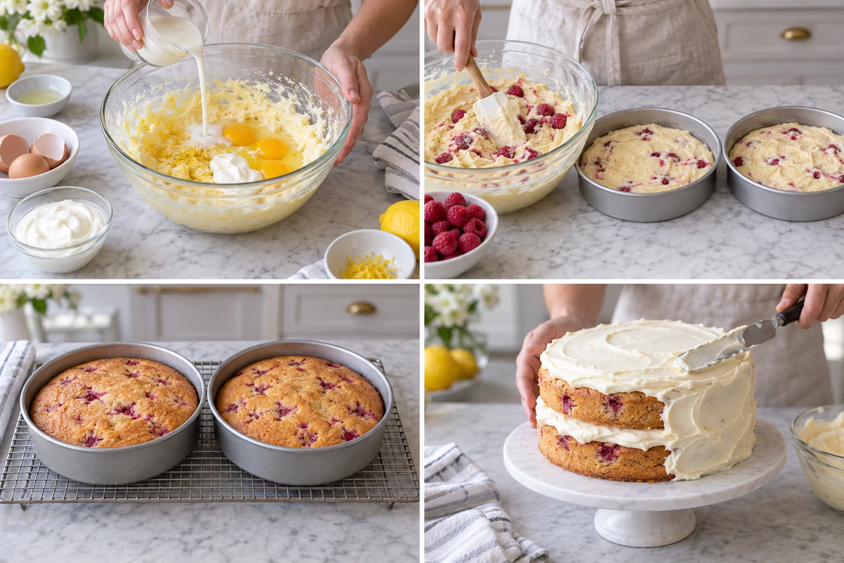 Four chronological preparation stages for Raspberry Lemon Cake