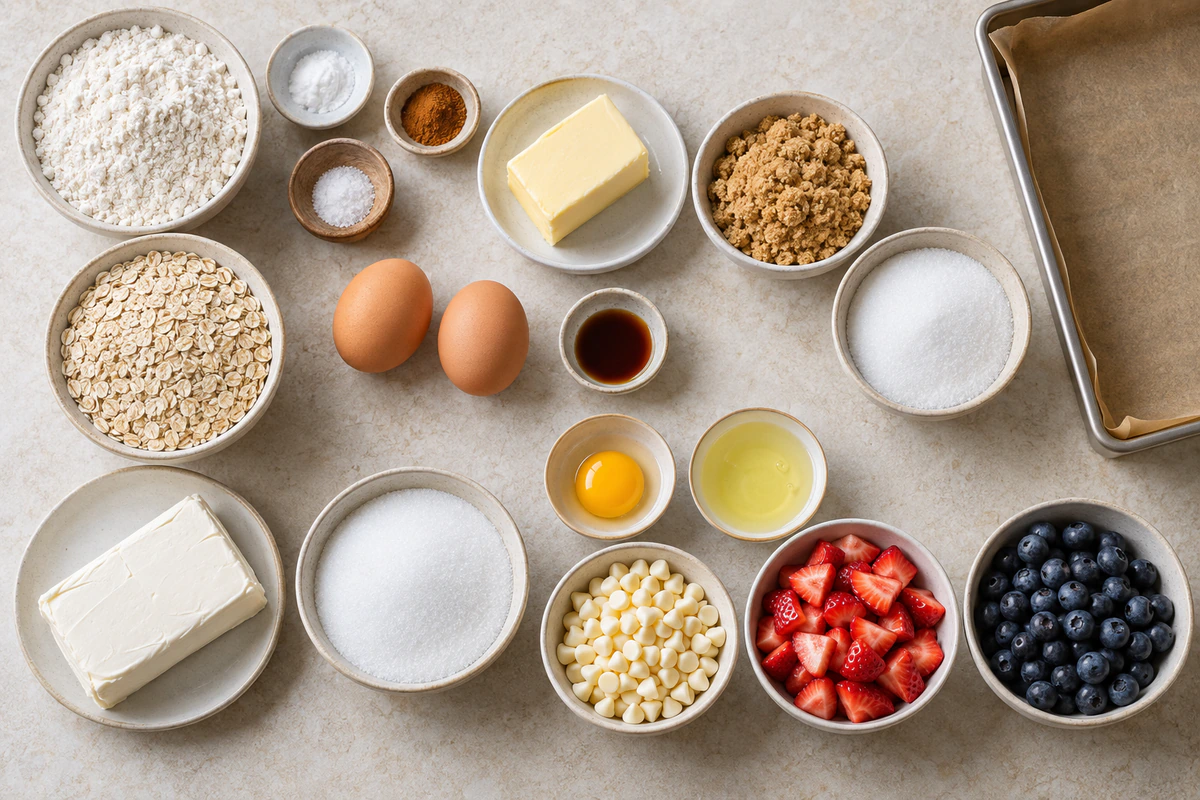 Exact measured ingredients for Berry Oatmeal Cheesecake Bars