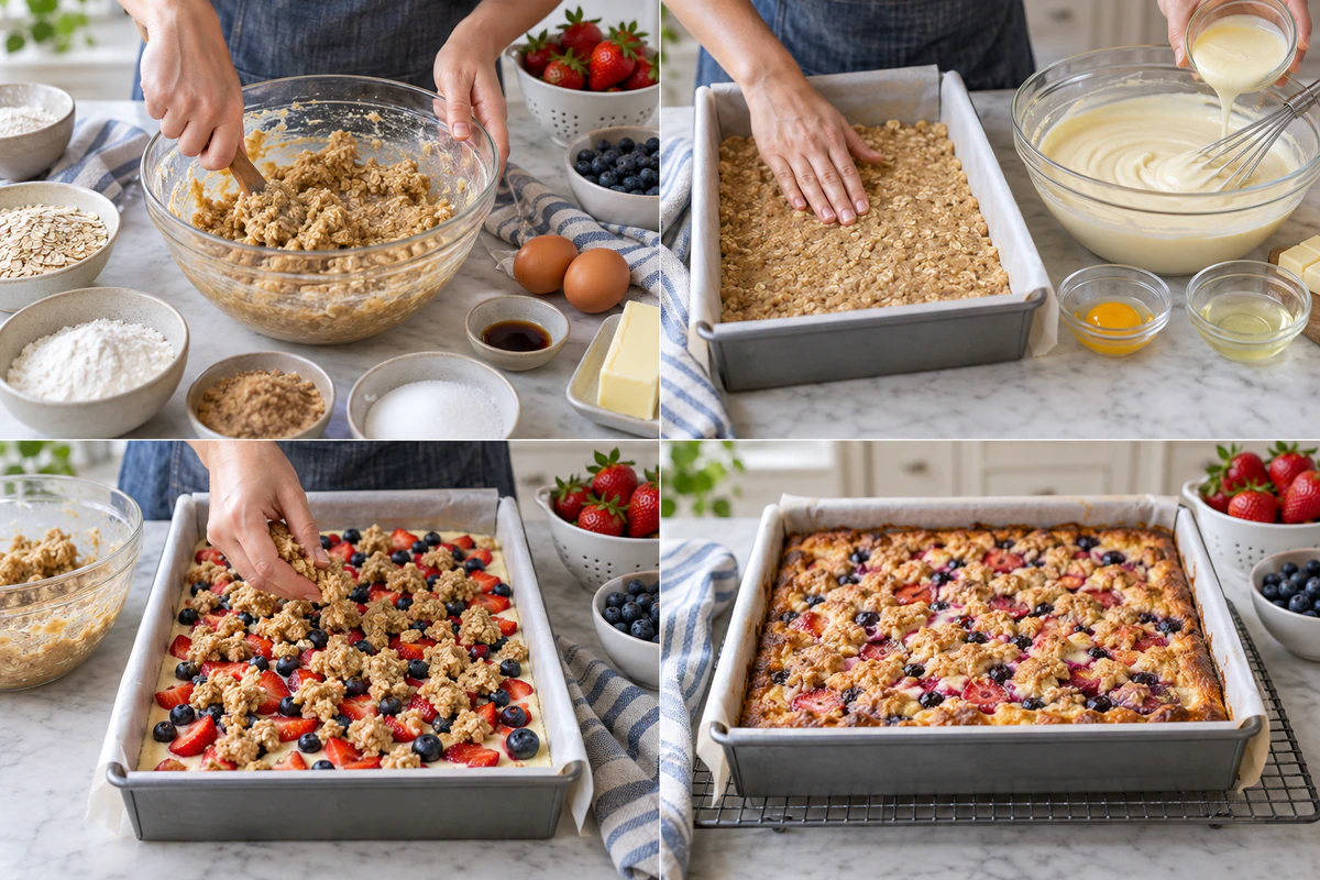 Four chronological preparation stages for Berry Oatmeal Cheesecake Bars