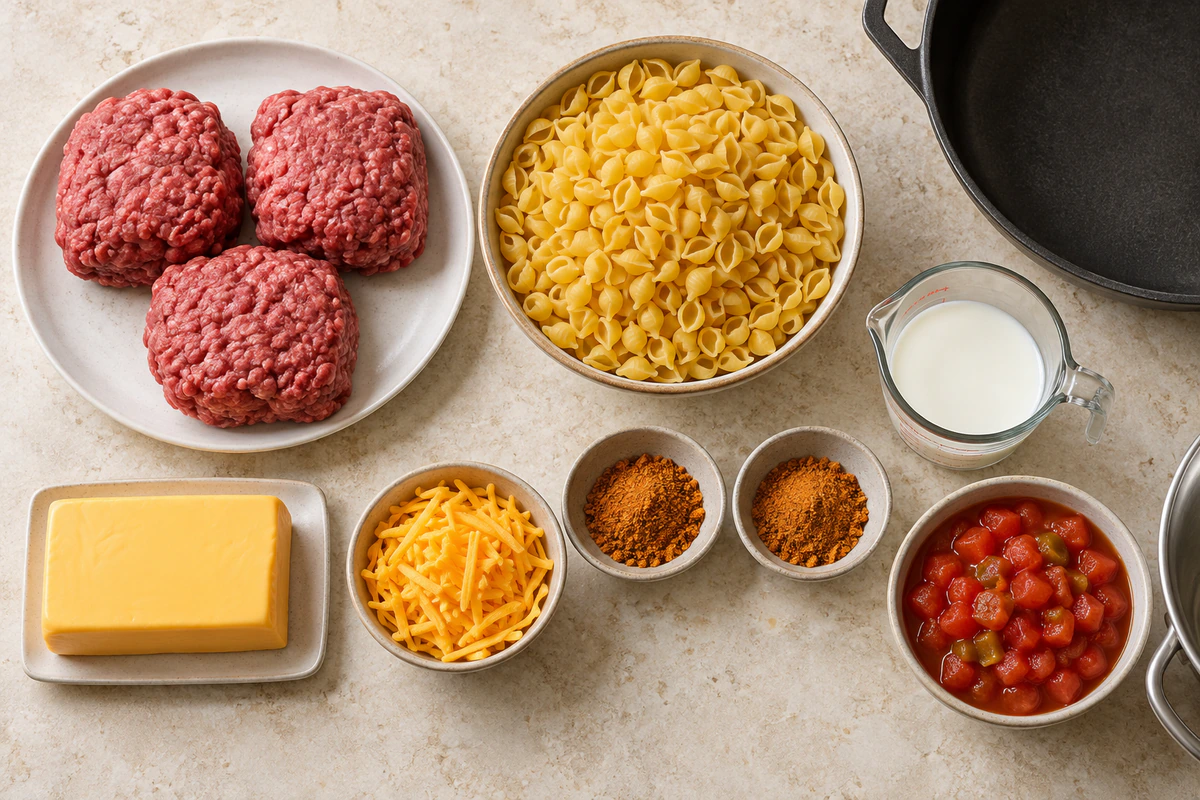 Exact measured ingredients for Cheesy Beef Taco Pasta