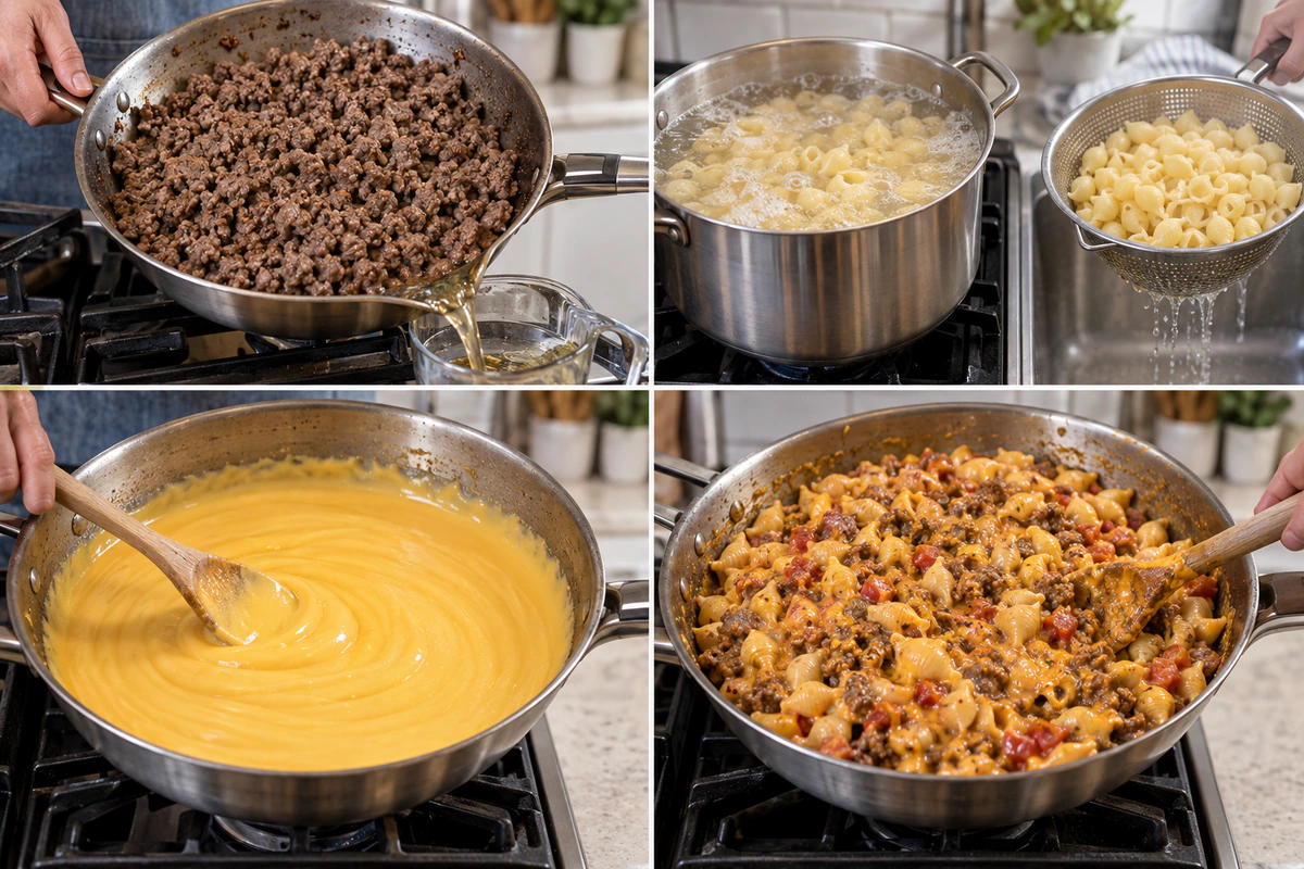 Four chronological preparation stages for Cheesy Beef Taco Pasta