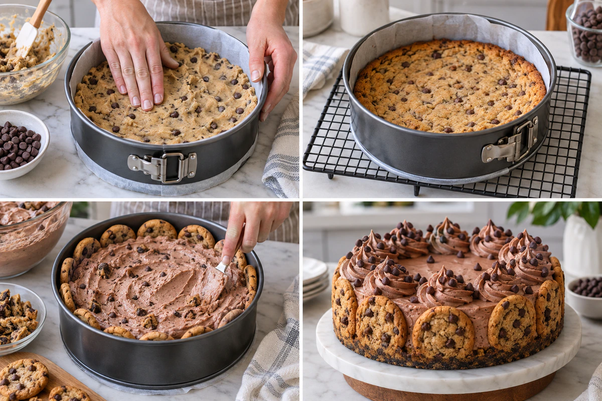 Four chronological preparation stages for Chocolate Chip Cookie Bottomed Cheesecake